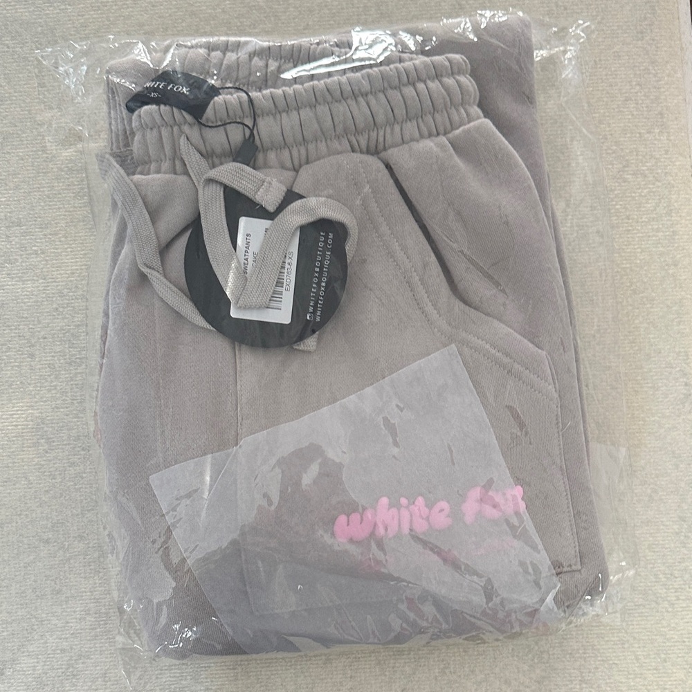 White Fox Taupe Gray Joggers with pink writing size xs